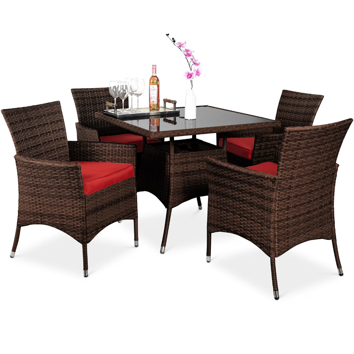 Best Choice Products 5-Piece Indoor Outdoor Wicker Patio Dining Table Furniture Set w/ Umbrella Cutout, 4 Chairs - Gray