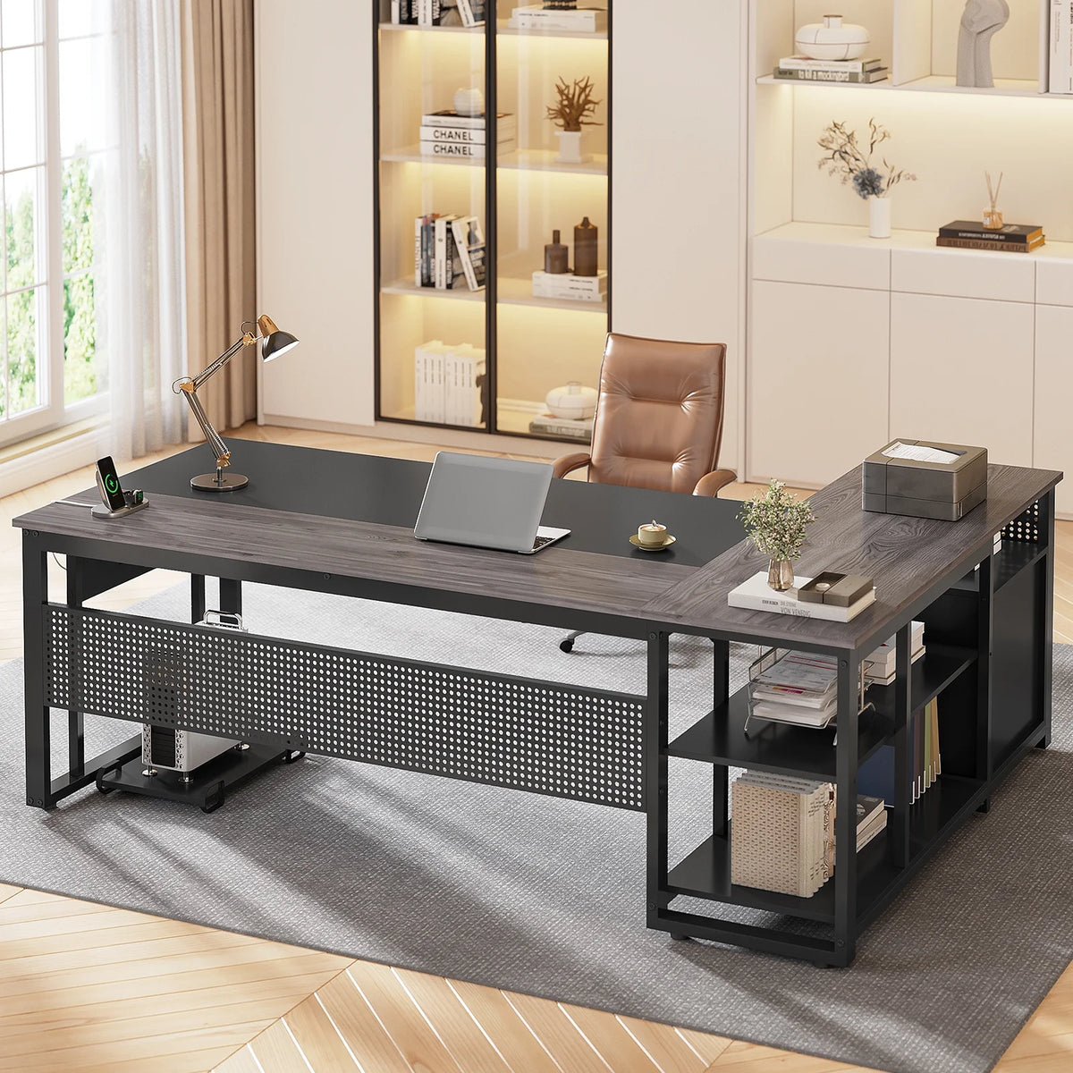 71" Executive Desk with Power Outlets, Modern L Shaped Office Desk with File Drawers and Pegboard, Large Computer Desk, Rustic Brown