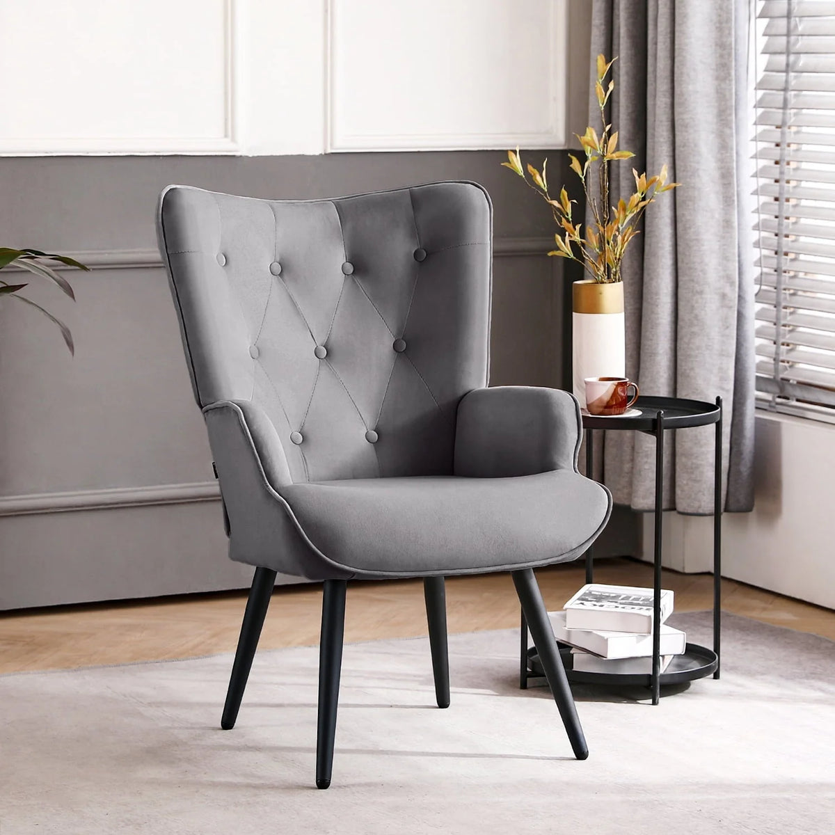 Furniliving Tufted Button Wingback Chair Upholstered Sherpa Accent Chair with Wide Arm Modern Leisure Club Chair, Lvory white