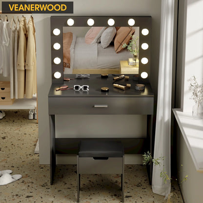 Vanity Table Set with Lighted Mirror,Makeup Vanity with Lights, Large Drawer Sturdy Wood Vanity, White