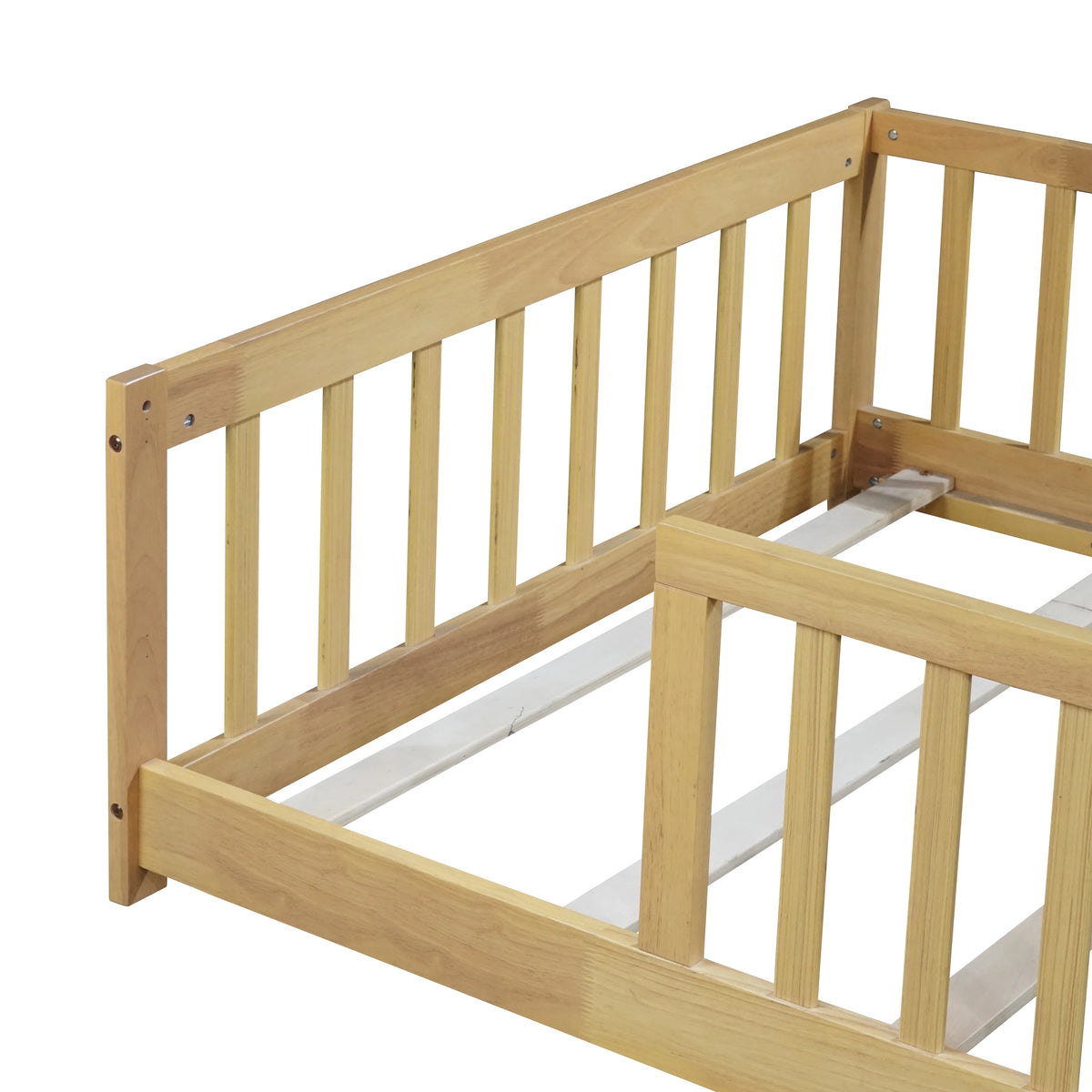 Miniyam Wooden Twin Size Floor Bed with Safety Fence for Kids, Natural