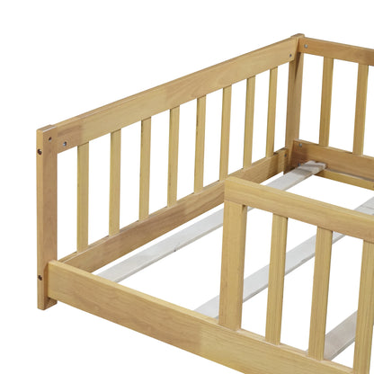 Miniyam Wooden Twin Size Floor Bed with Safety Fence for Kids, Natural