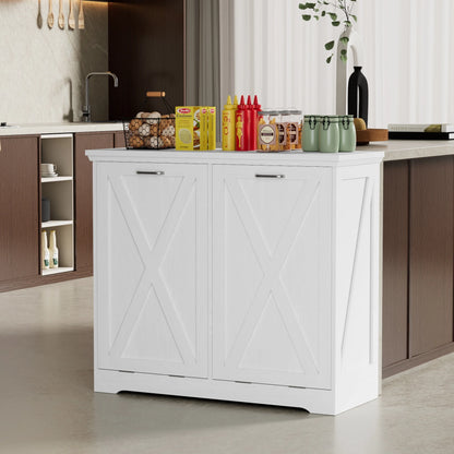 Tolead Double Tilt Out Trash Cabinet, Wooden Free Standing Laundry Sorter Cabinet, with Hideaway Drawer, White
