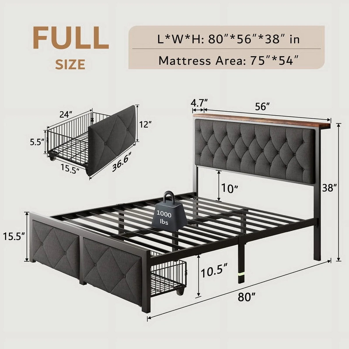 iPormis Full Bed Frame with 2 Drawers, Metal Platform Bed with Charging Station and Linen Fabric Storage Headboard Strong Metal Slats Black,Gray