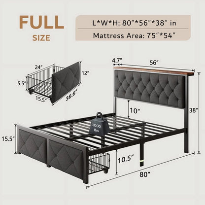 iPormis Full Bed Frame with 2 Drawers, Metal Platform Bed with Charging Station and Linen Fabric Storage Headboard Strong Metal Slats Black,Gray