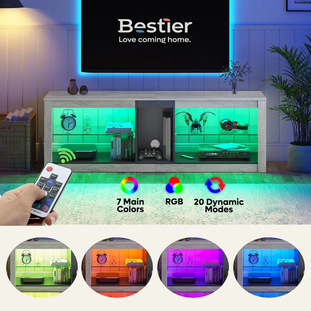 Bestier Entertainment Center with LED Lights TV Stand Media Console Table for TVs up to 60" in Light Grey