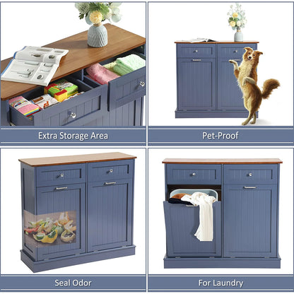KIGOTY Dual Kitchen Trash Cabinet, Double Tilt Out Trash Can Cabinet with Countertop and Drawer, Free-Standing Pet Proof Recycling Cabinet Garbage Can Holder, Wood (White)