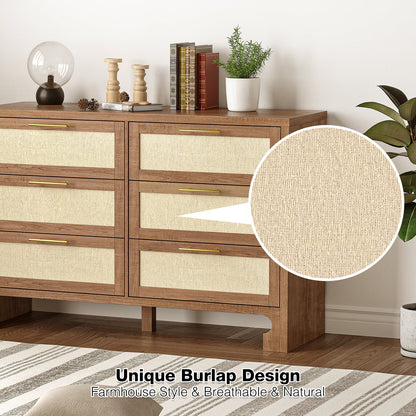 Homhougo White Dresser for Bedroom 6 Drawer, Wood Organizer Storage Cabinet with Gray Strip Drawer Door, Chest of Drawers for Closet, Living Room, Hallway, Nursery, Kids Bedroom