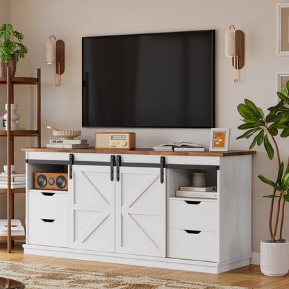 Vineego 70 inch Farmhouse TV Stand for Living Room, Entertainment Center with Sliding Barn Doors & 4 Storage Drawers, Adjustable Shelves Rustic Media Console for Bedroom,White