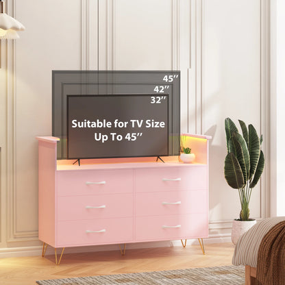 Homhougo Dresser for Bedroom 6 Drawer with LED Light & Charging Station, Wooden Dressers and Chests of Drawers with 2-Tier Open Shelves, Wide Dresser Organizer for Living Room Hallway Entryway, Pink