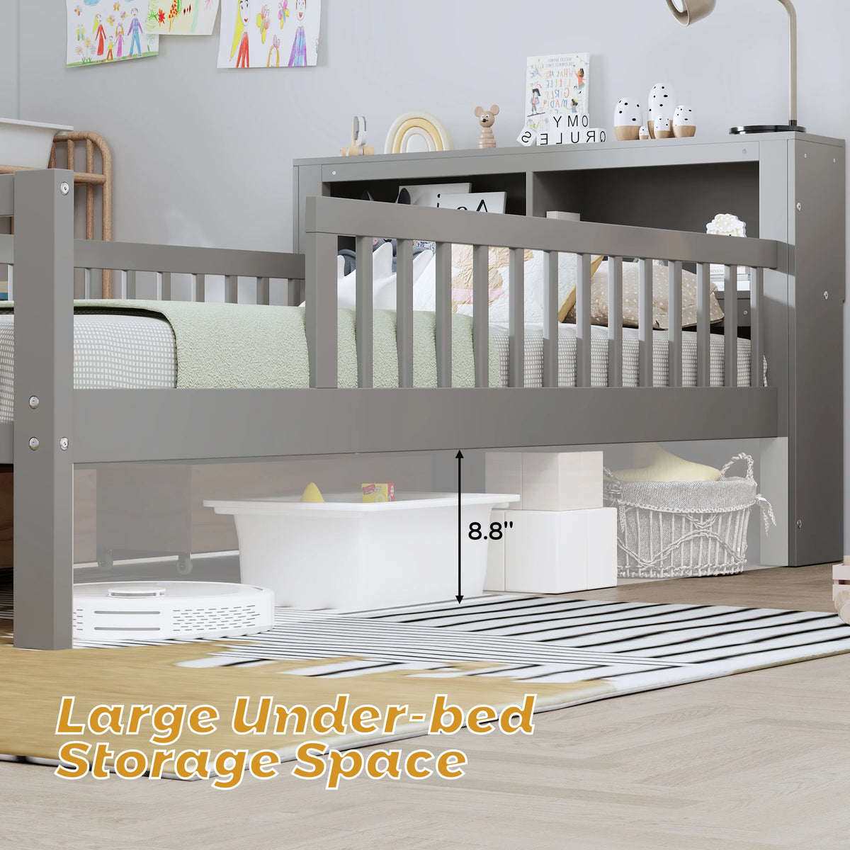 Euroco Wood Twin Size Platform Bed with Storage Headboard and Drawers, Low Profile Bed with Guardrails for Kids and Toddlers, White