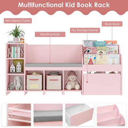 Homfa Kids Bookshelf with Reading Nook, 6 Shelf Bookcase with 1 Wood Toy Bin with 3 Tier Book Rack for Children Kidsroom