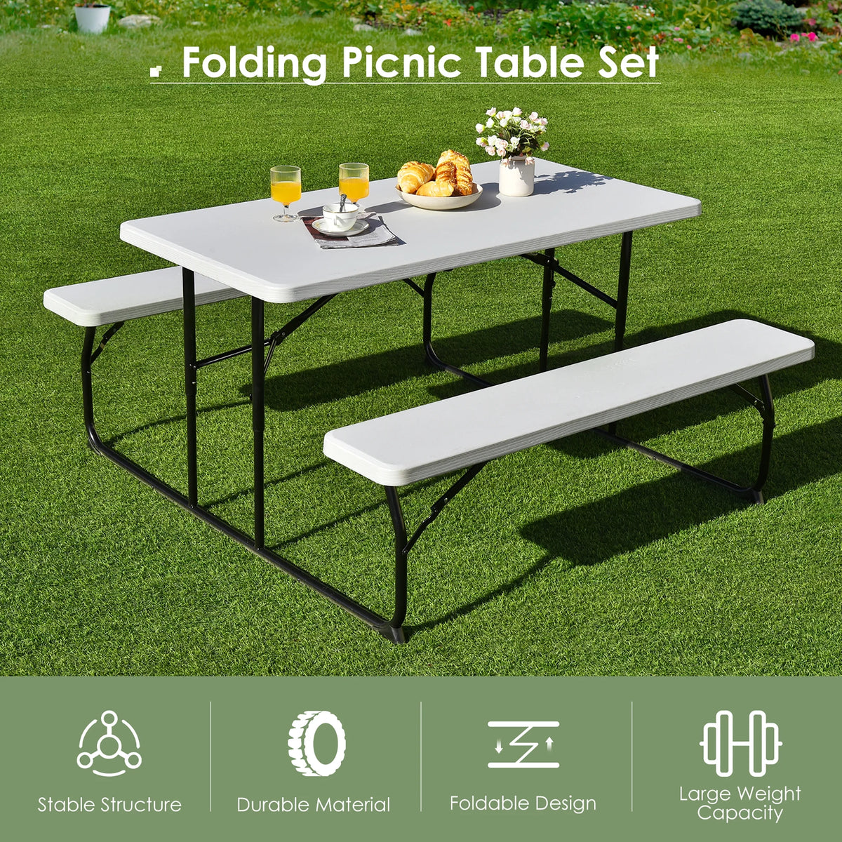 Costway Indoor & Outdoor Folding Picnic Table Bench Set w/ Wood-like Texture Grey