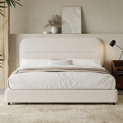 4 EVER WINNER Queen Bed Frame with Headboard, Boucle Upholstered Platform Bed Frame wiith Rounded Corner, Soft Cloud Bed Frame, No Box Spring Needed, White