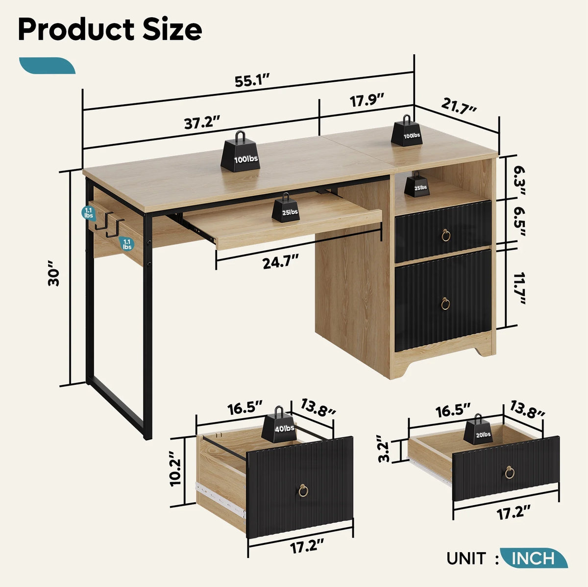Bestier 55 Inch Office Desk with Drawers, Keyboard Tray, 2 Hooks, Modern Fluted Computer Desk for Home, Grey