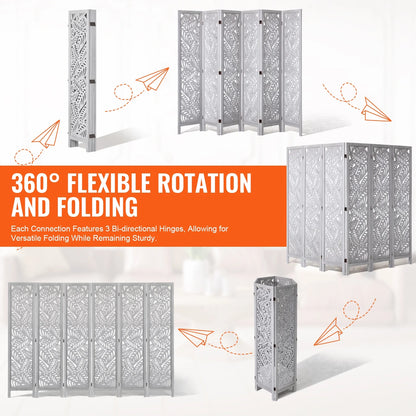 KFFKFF Wooden Space Separator, 6-Panel Foldable Privacy Barrier, 66.9 Inches High Indoor Engraved Partition Screen, Movable Decorative Panel, Ideal for Home, Office, Dining Area & Sleeping Quarters