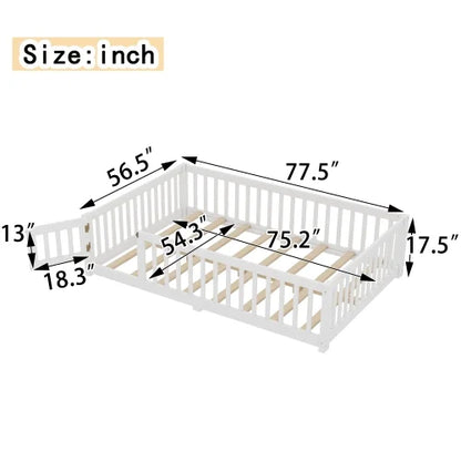 Bellemave Full Size Floor Bed with Door and Fence Floor Bed with Bed Slats Sturdy Wood Floor Bed Montessori Bed Frame (Full, Pink)