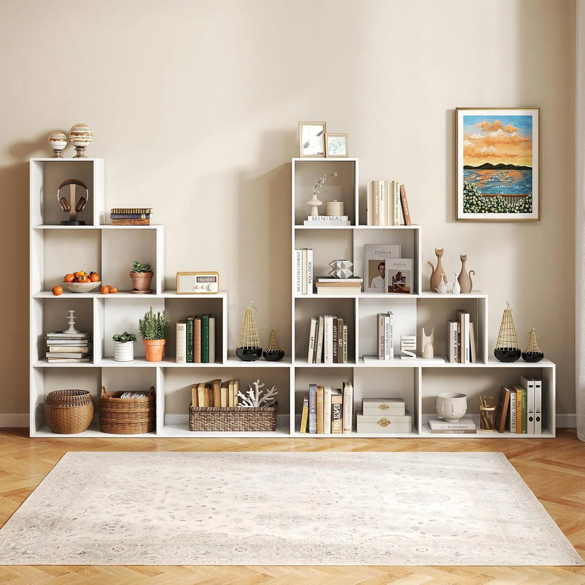 JTYUB 4-Tier Stepped Bookshelf, Freestanding 6 Cubes Ladder Bookcase with Anti-Tipping Kits, 64" Tall Modern Wooden Storage Display Rack for Home Office Living Room Study ,1 PCS,Natural