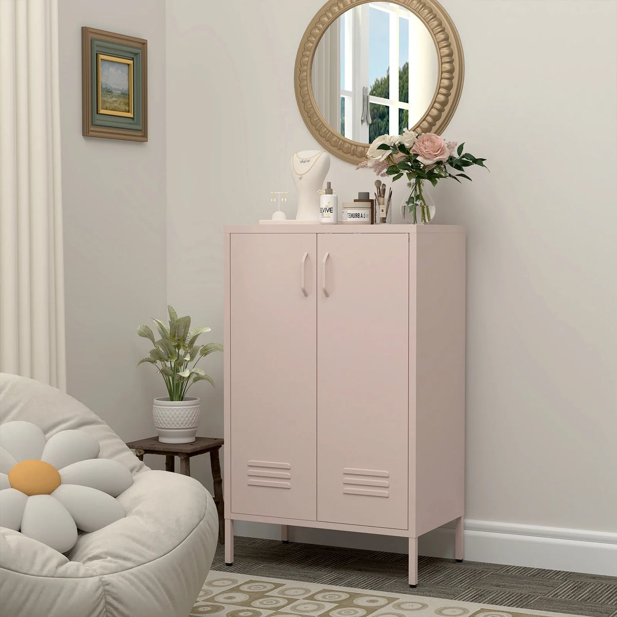 Marcree Green Metal Cabinet,2 Door Accent Cabinet,Metal Locker Cabinet with Legs,Sideboard Cabinet with Adjustable Shelves,Locker Storage Cabinet for Living Room,Entryway