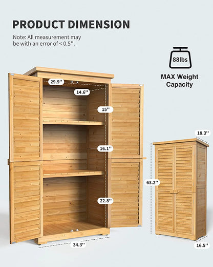 63.2" Outdoor Storage Cabinet, Lofka  Lockable Doors Garden shed with Adjustable Shelves| Asphalt Roof| Ventilate Shutter, Wood Shed with Large Storage Space, Waterproof Roof for Garden, Natural