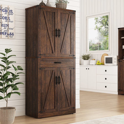 72" Tall Farmhouse Kitchen Pantry Cabinet w/1 Drawer & 4 Roomy Storage Shelves, Versatile Wood Storage Cabinet with 4 Barn Door & Adjustable Shelves &  for Dining Room Bathroom Utility Room