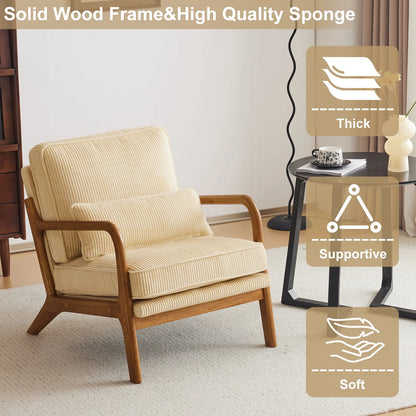 Ktaxon Accent Chair Corduroy Upholstered Armchair, Reading Club Chair with Pillow and Solid Wood Frame for Living Room Bedroom Furniture Off White