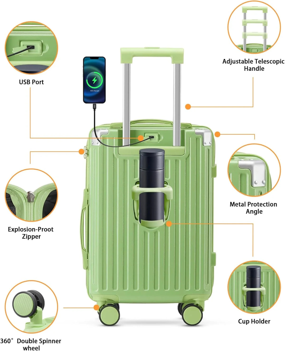 20 Inch Carry On Luggage With Cup Holder & USB Port, Airline Approved TSA-locked Luggage, Lightweight PC Material Travel Suitcase With 360�� Spinner Wheel