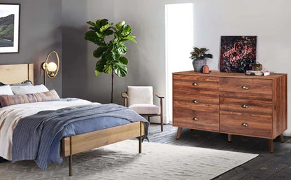 Polar Aurora Wood Dresser for Bedroom with 6 Drawers, Mid Century Modern Chests of Drawer with Metal Handles