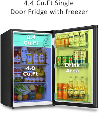 Seaoola Mini Fridge with Freezer, Single Door 4.4 Cu.Ft, Compact Mini Refrigerator, LED Light, Adjustable Thermostat, Removable Glass Shelves, Small Refrigerator for Dorm/Office/Bedroom(Black)