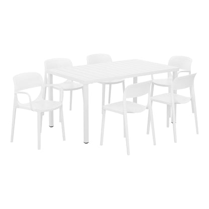 WestinTrends Playa 7-Piece Outdoor Rectangular Metal Patio Dining Table Set With Stackable Patio Dining Chairs, Red