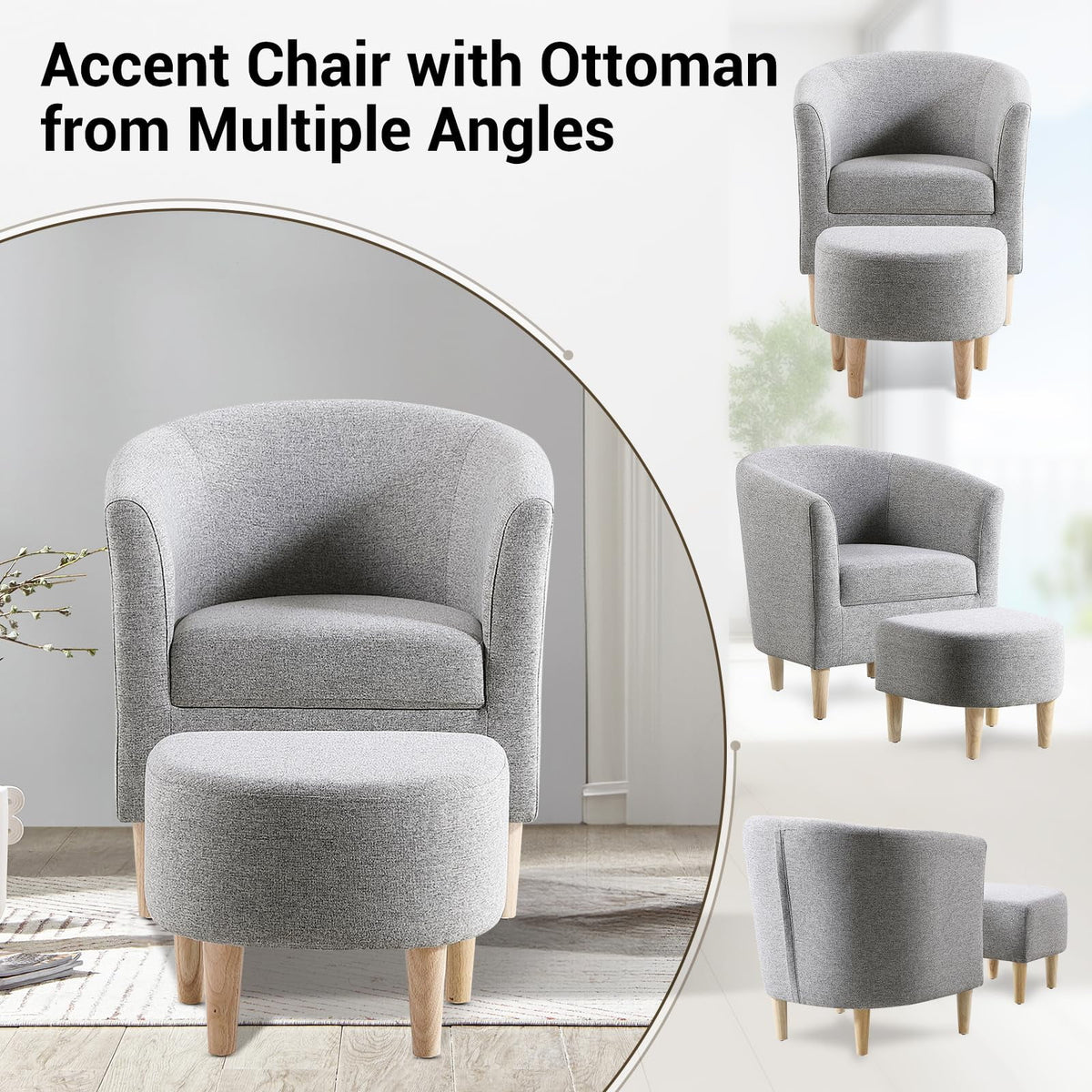 Lohoms Accent Arm Chair With Ottoman Set, Modern Home Leisure Chair with Footrest, Comfy Upholstered Armchair Single Sofa, Reading Chair with Solid Wood Legs for Living Room Bedroom, Gray