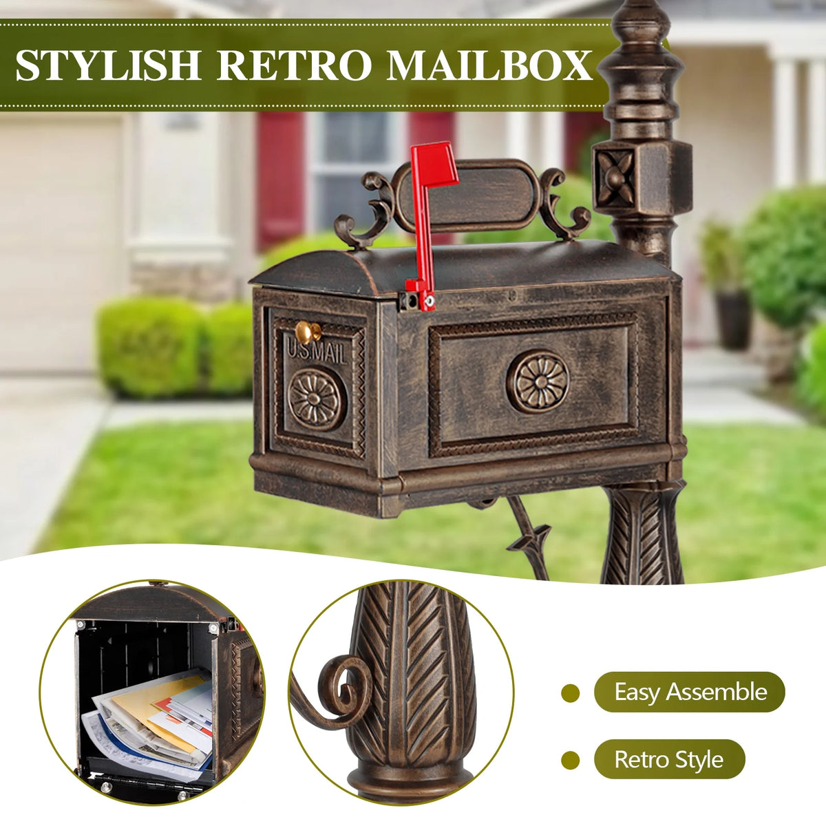 Betisef Large Cast Aluminum Mailbox Barcelona Decorative Post Mail Box Combination Stratford Heavy Duty