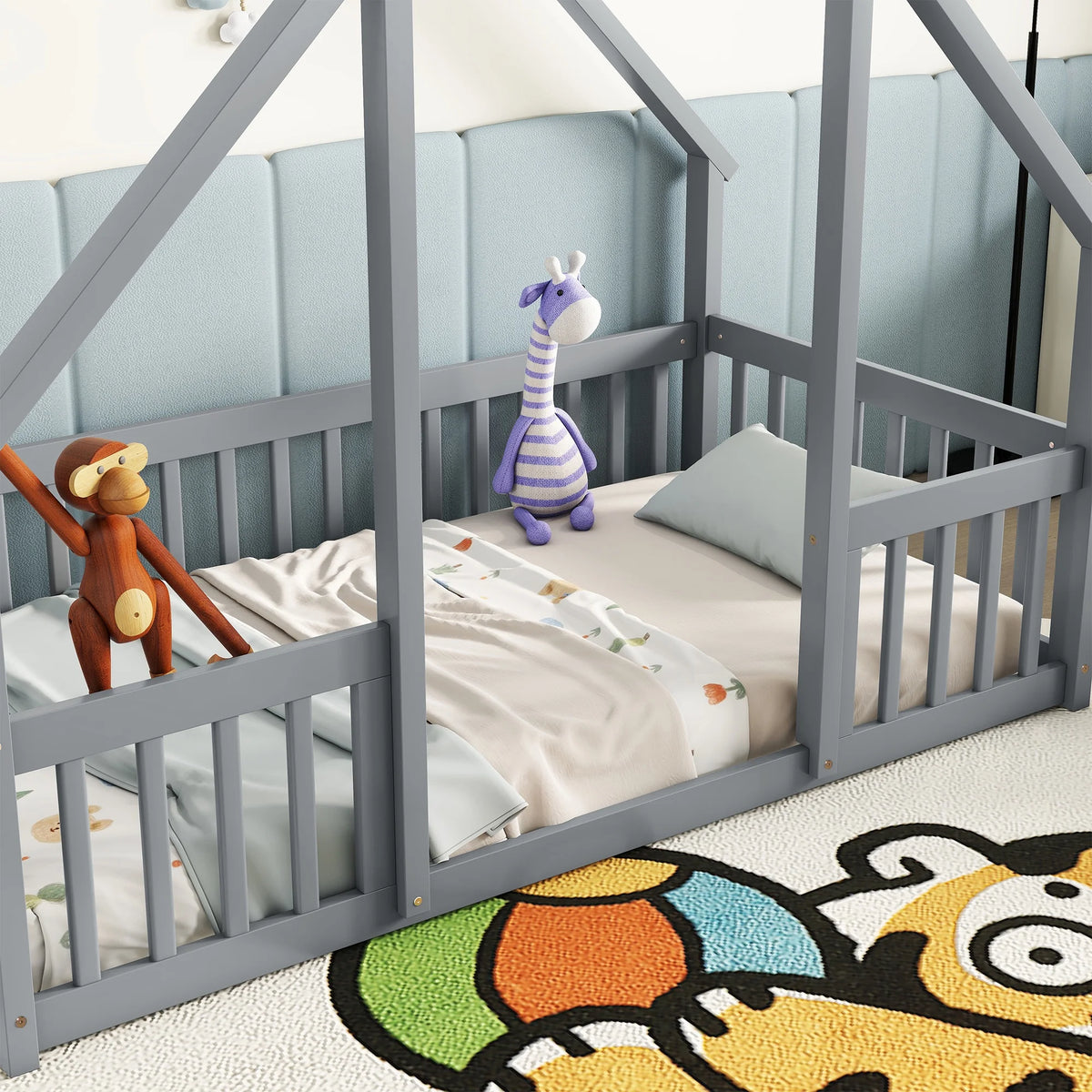 Bellemave Twin Size Floor Bed Frame, Wooden House Bed Twin Size with Fence, Montessori Bed with Guardrails for Bedroom (White)