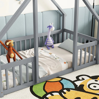 Bellemave Twin Size Floor Bed Frame, Wooden House Bed Twin Size with Fence, Montessori Bed with Guardrails for Bedroom (White)