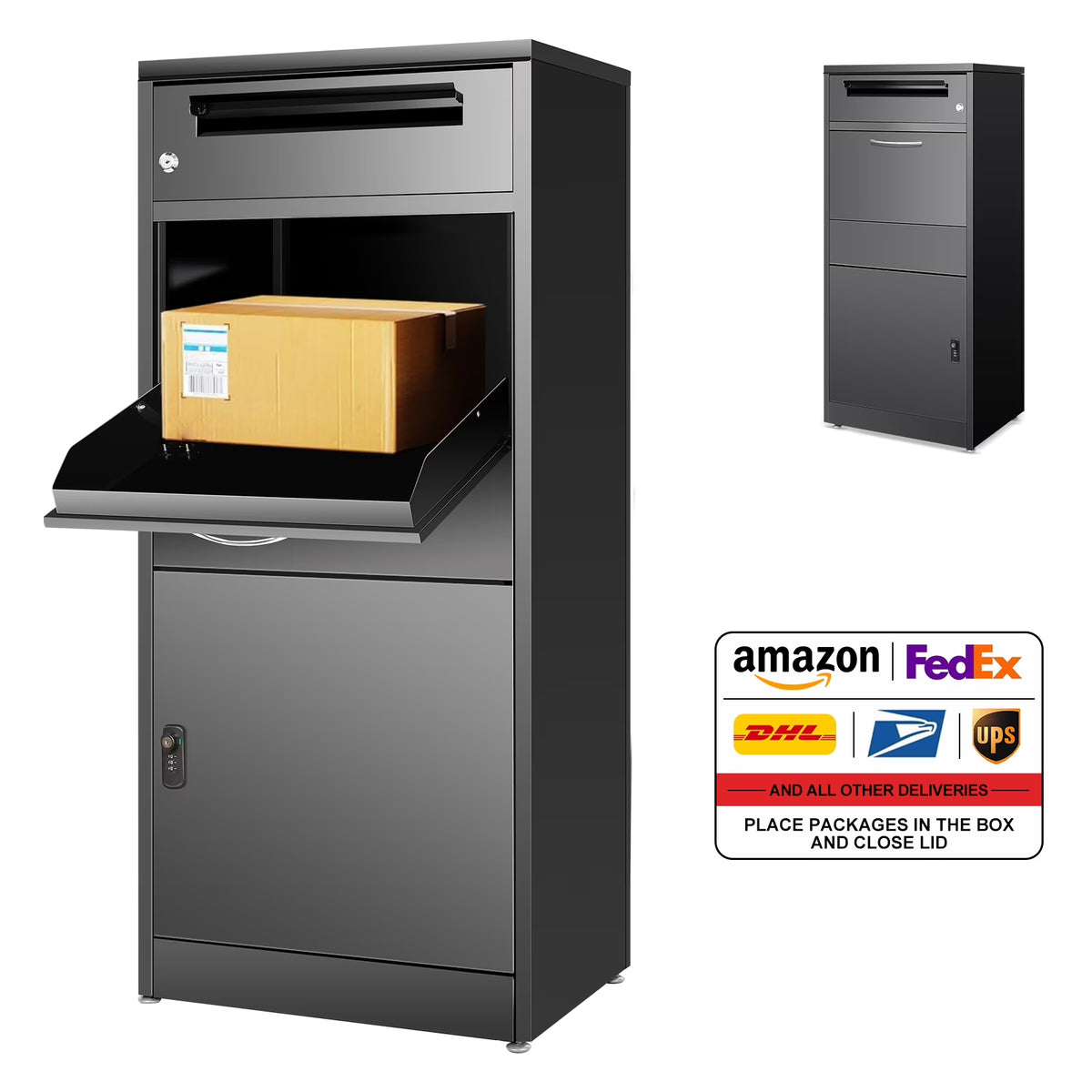 Gaonala Steel Package Delivery Box 19.6x14.4x44.9in Lockable Anti-Theft  Weather-Resistant Extra Large Mailbox For Porch Curbside Black