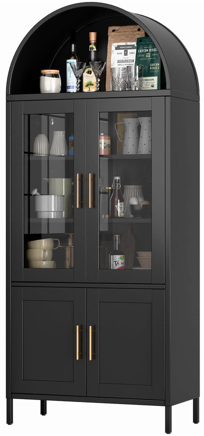 SUPEER Metal Arched Storage Display Cabinet with Glass Doors and Adjustable Shelves, Lockable Cabinet, Assembly Required, Black