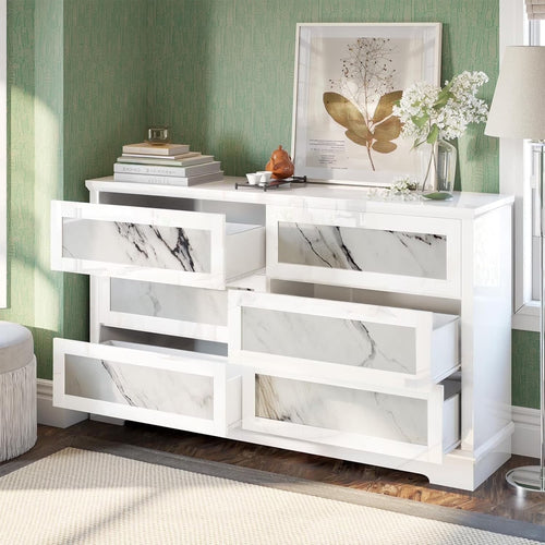 LUXOAK High-Gloss 6 Drawer Dresser, 54" Marble Chest of Drawers, Modern, White