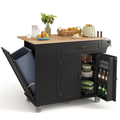 Noelse Rolling Kitchen Island with Drop Leaf Table and Hidden Trash Cabinet, Mobile Kitchen Cart with Storage Drawer, Adjustable Shelves & Rubberwood Countertop on Wheels, White