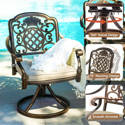7-Piece Patio Furniture Dining Set, All-Weather Cast Aluminum Outdoor Table and Chairs for 6, Includes 4 Dining Chair & 2 Swivel Chairs & 60���� Rectangular Table, Beige