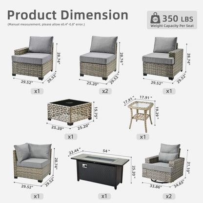 Ovios 10 Pieces Outdoor Patio Furniture Modern High-Back All-Weather Wicker Sectional Conversation Set with Propane Fire Pit Table & Swivel Chair, Dark Gray