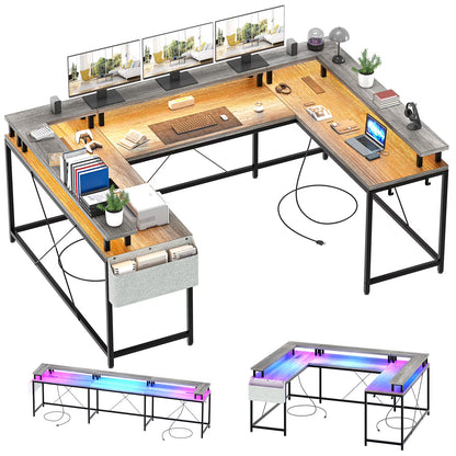Yesfashion U Shaped Computer Gaming Desk, Reversible L Shaped Desk with Power Outlets, LED Strip & Monitor Stand, Large Corner Desk with Storage Shelves