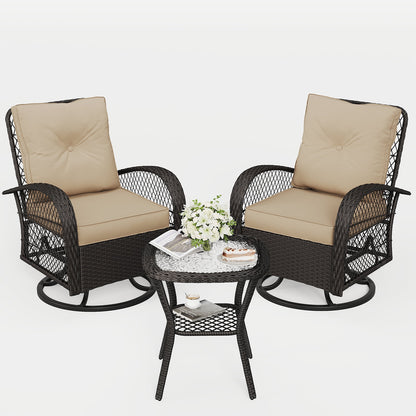 ELPOSUN 3 Pieces Patio Furniture Set, Outdoor Swivel Gliders Rocker, Wicker Patio Bistro Set with Rattan Rocking Chair, Glass Top Side Table and Thickened Cushions for Porch Deck Backyard