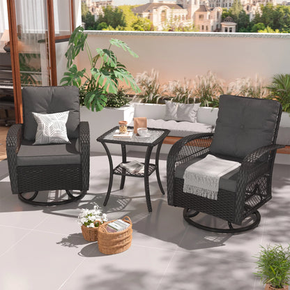 ELPOSUN 3 Pieces Patio Furniture Set, Outdoor Swivel Gliders Rocker, Wicker Patio Bistro Set with Rattan Rocking Chair, Glass Top Side Table and Thickened Cushions for Porch Deck Backyard