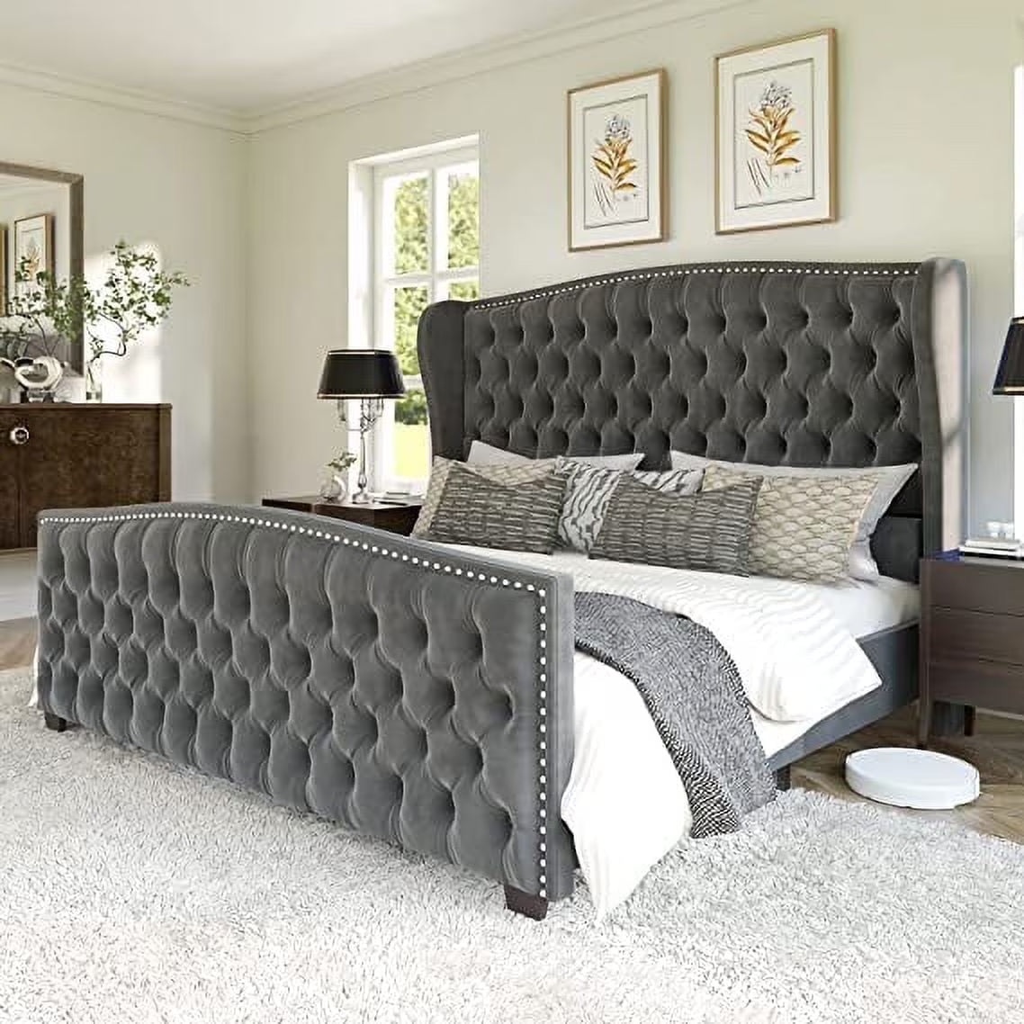 VANACC Queen Size Bed Frame, Velvet Upholstered Bed with Deep Button Tufted Wingback Headboard��Grey