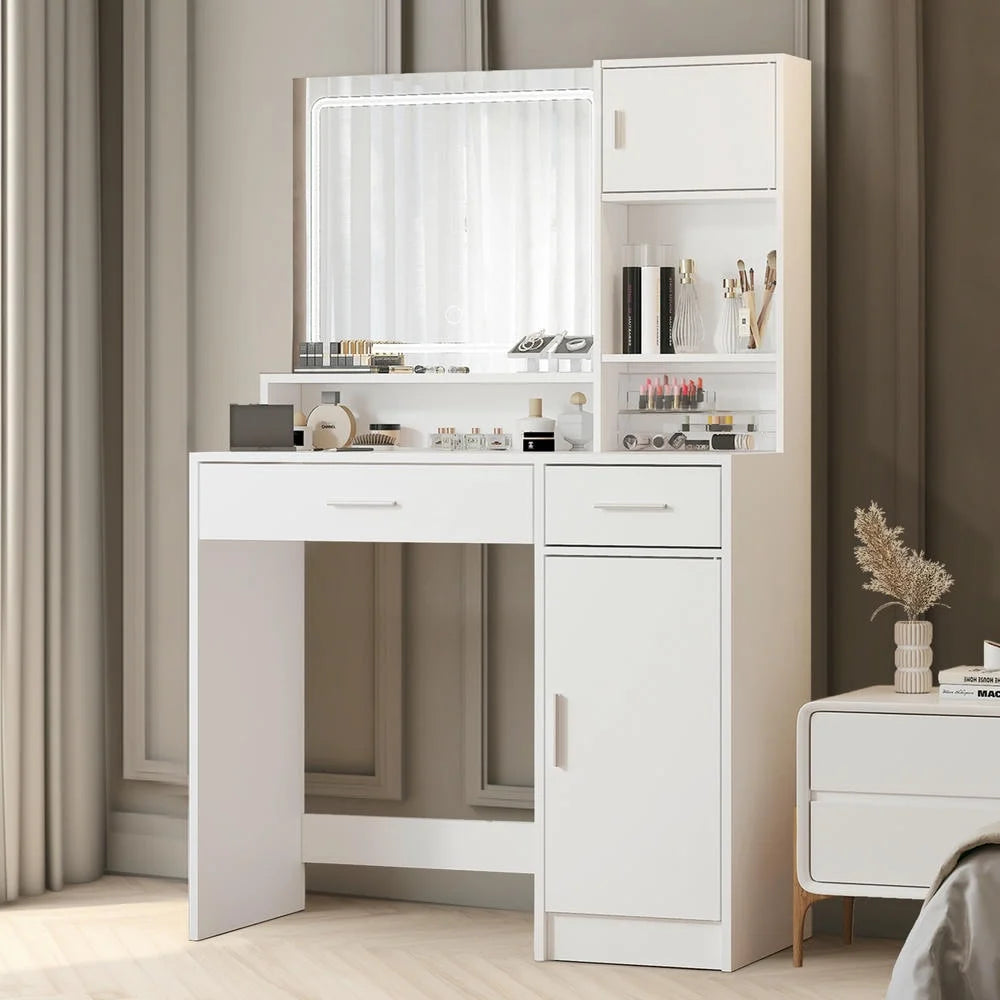 Kadyn Vanity Desk with Lighted Mirror, Vanity Table and Chair Set with 2 Drawers, Dressing Table Makeup Desk with 1 Door, Retro Gray