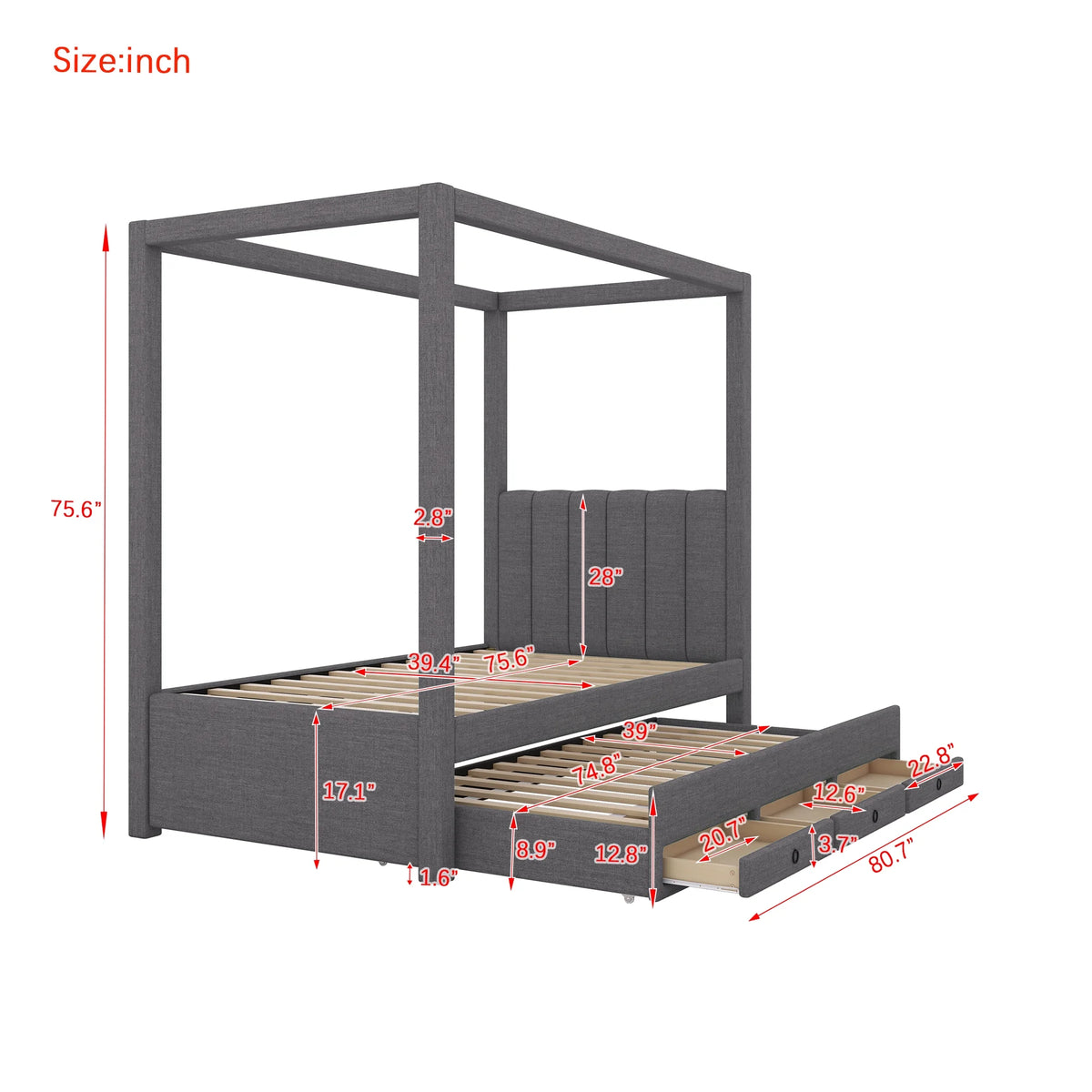 Harper & Bright Designs Twin Size Upholstery Canopy Platform Bed with Trundle and 3 Storage Drawers, Captain Platform Bed Frame with 4-Poster Canopy Roof, Beige
