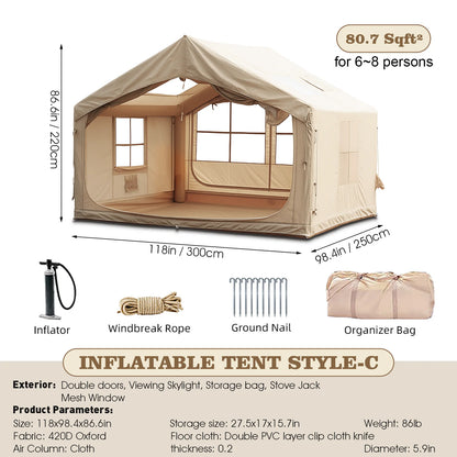 9.8' x 7' Inflatable Camping Tent,4 Season Blow up Tents for Camping, 4-6 Person Inflatable Tent with Stove Jack,Air Tents,Glamping Tent,Waterproof Luxury House with Mesh Window