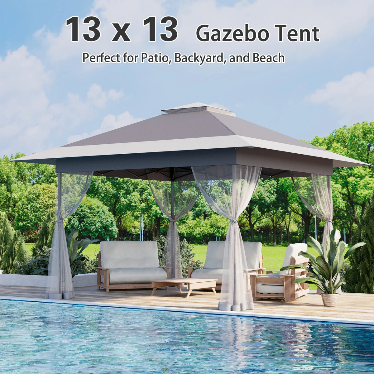 Bezseller 11x11 Pop up Gazebo, Outdoor Waterproof Canopy Tent with Mosquito Netting for Outdoors, Khaki