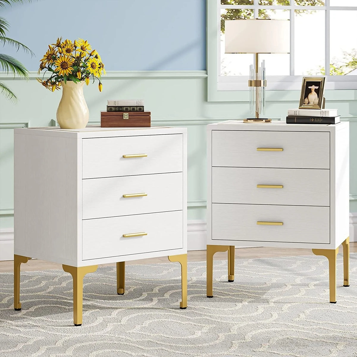 White Gold Nightstand, Modern 3 Drawers Bed Side Table for Bedroom 2 Pcs