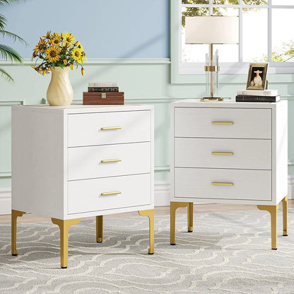 White Gold Nightstand, Modern 3 Drawers Bed Side Table for Bedroom 2 Pcs